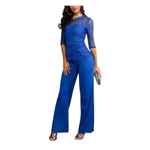 Royal Blue Lace Jumpsuit Wide Leg Formal Evening Party Romper Size M